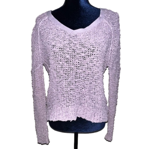 Free People Sunday Shore Lavender Open Weave Sweater V Neck Slouchy Size Small - Picture 1 of 9